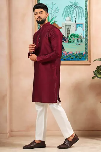 Maroon color graceful partywear kurta payjama for mens ceremonial looks