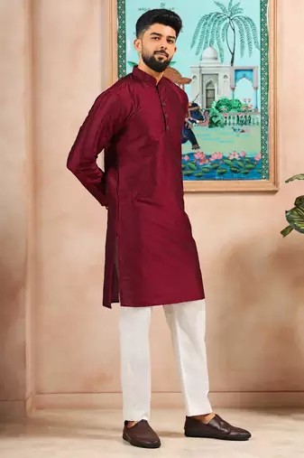 Maroon color graceful partywear kurta payjama for mens ceremonial looks