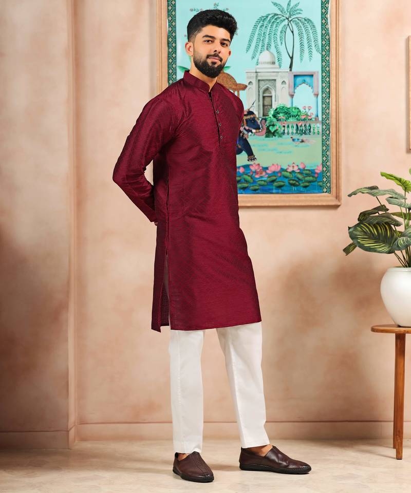 Maroon color graceful partywear kurta payjama for mens ceremonial looks