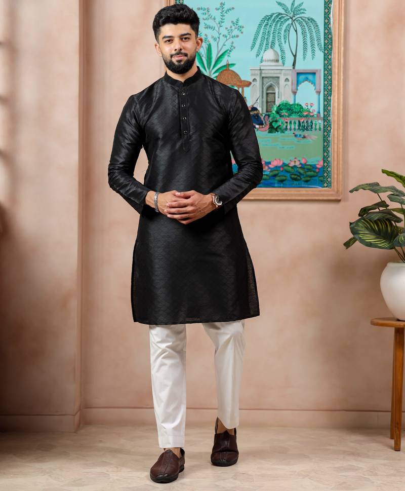 Black color graceful partywear kurta payjama for mens ceremonial looks