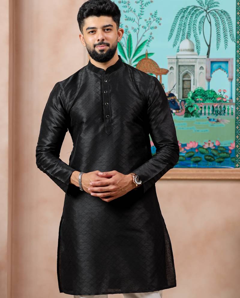 Black color graceful partywear kurta payjama for mens ceremonial looks