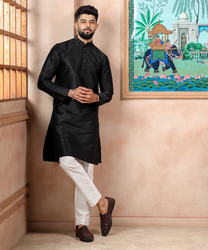 Black color graceful partywear kurta payjama for mens ceremonial looks