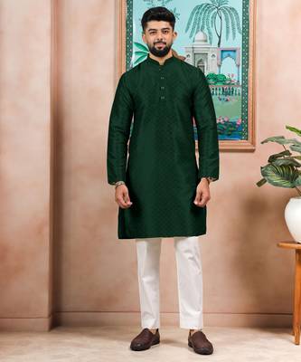Green color graceful partywear kurta payjama for mens ceremonial looks 1