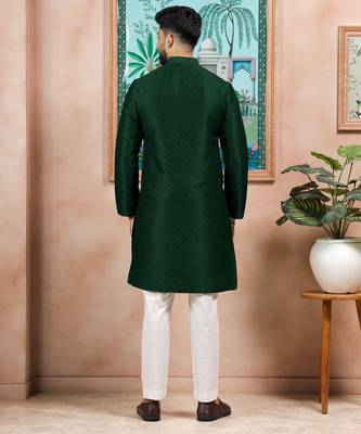 Green color graceful partywear kurta payjama for mens ceremonial looks 2