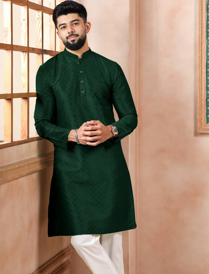Green color graceful partywear kurta payjama for mens ceremonial looks