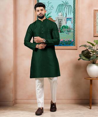Green color graceful partywear kurta payjama for mens ceremonial looks 4