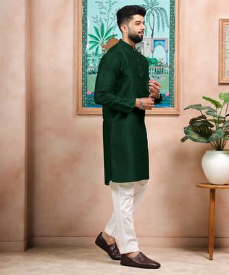 Green color graceful partywear kurta payjama for mens ceremonial looks 5