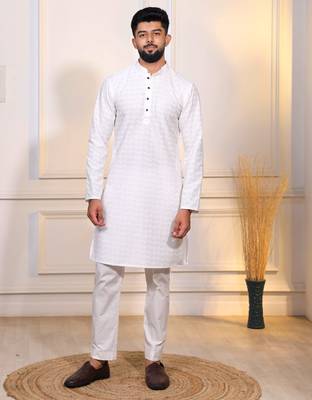 White color embroidery work ceremonial ethnic kurta payjama for men's 1