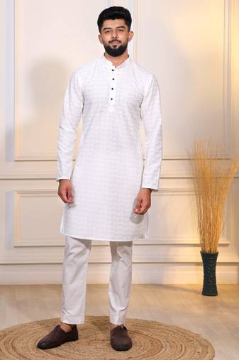 White color designer embroidery work ceremonial ethnic kurta payjama for men's