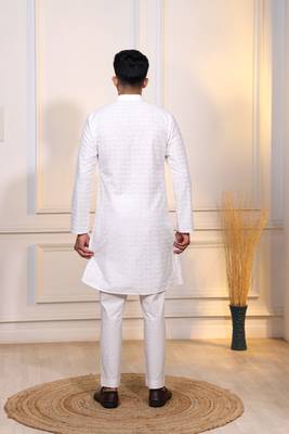 White color embroidery work ceremonial ethnic kurta payjama for men's 2
