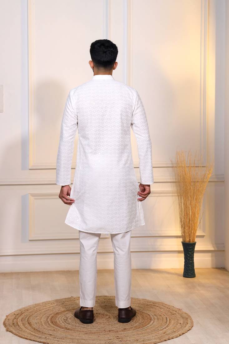 White color designer embroidery work ceremonial ethnic kurta payjama for men's
