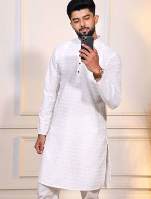 White color embroidery work ceremonial ethnic kurta payjama for men's 3