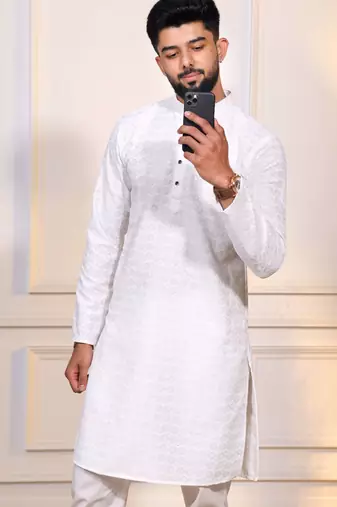 White color embroidery work ceremonial ethnic kurta payjama for men's