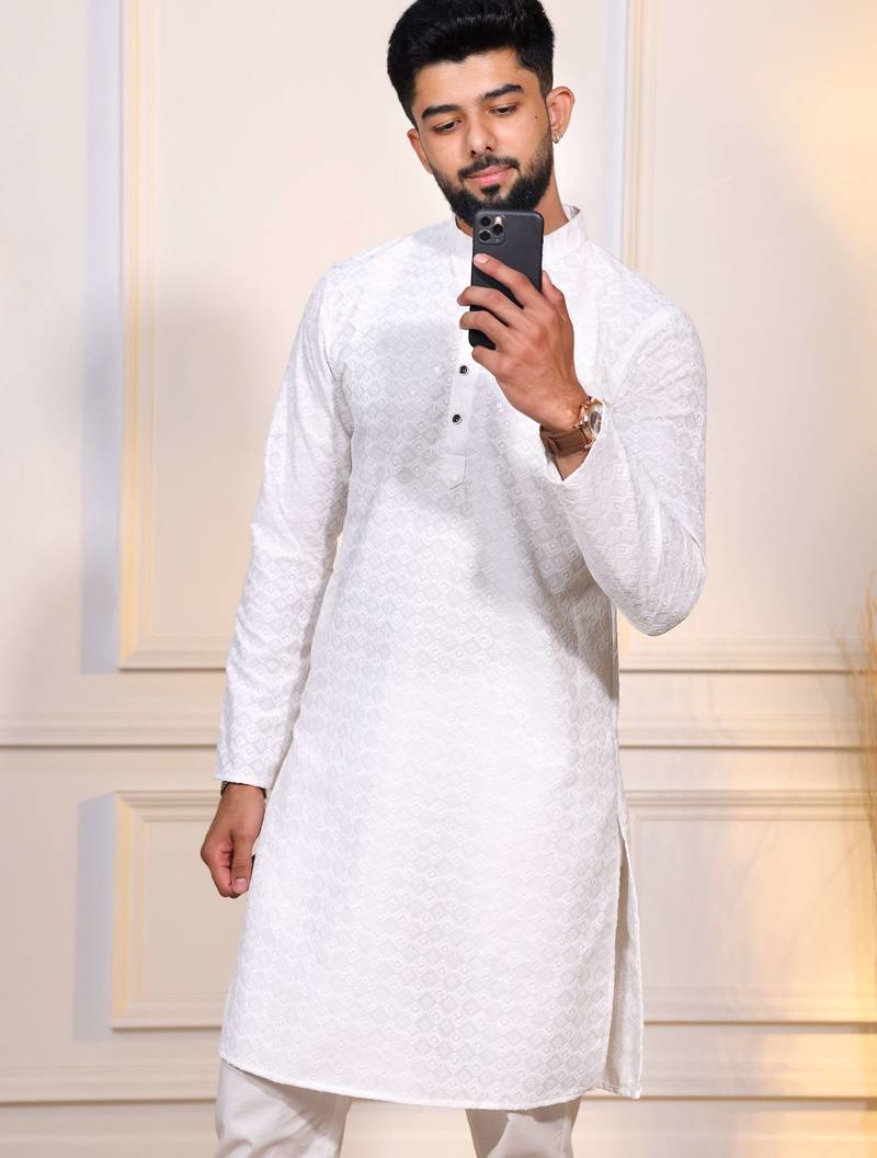 White color designer embroidery work ceremonial ethnic kurta payjama for men's