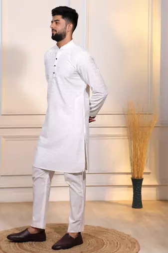 White color embroidery work ceremonial ethnic kurta payjama for men's