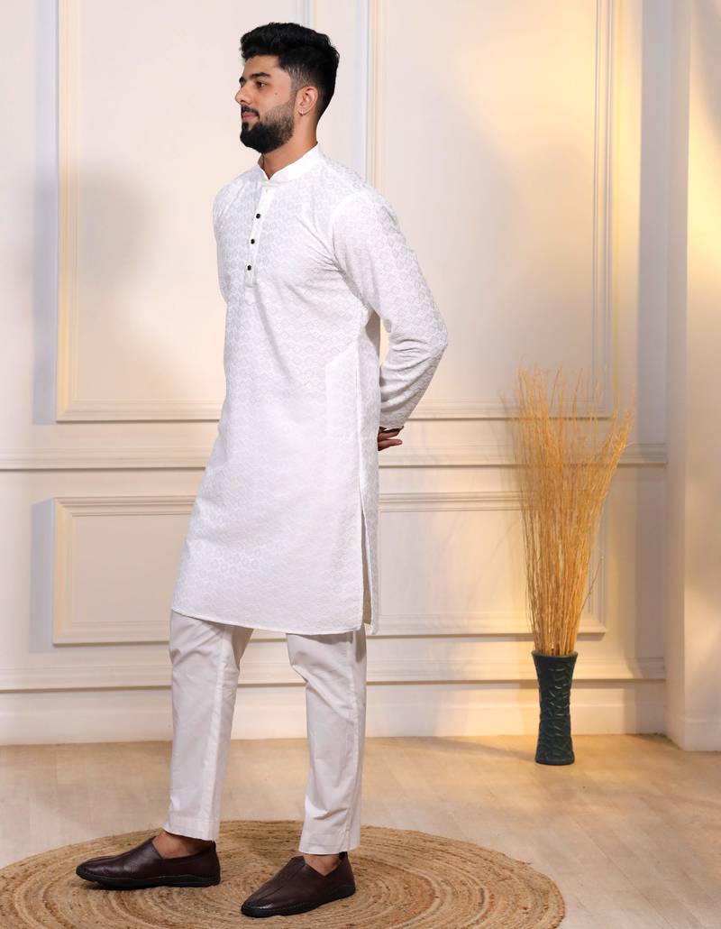 White color designer embroidery work ceremonial ethnic kurta payjama for men's