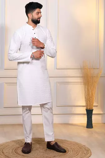 White color embroidery work ceremonial ethnic kurta payjama for men's