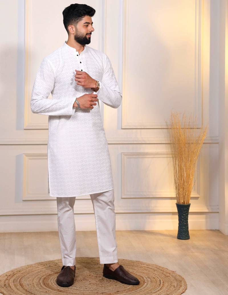 White color designer embroidery work ceremonial ethnic kurta payjama for men's
