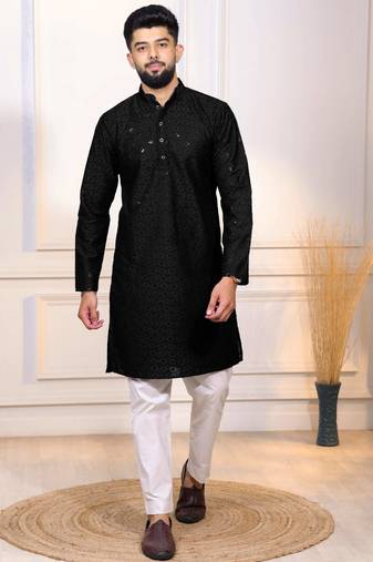 Black color designer embroidery work ceremonial ethnic kurta payjama for men's