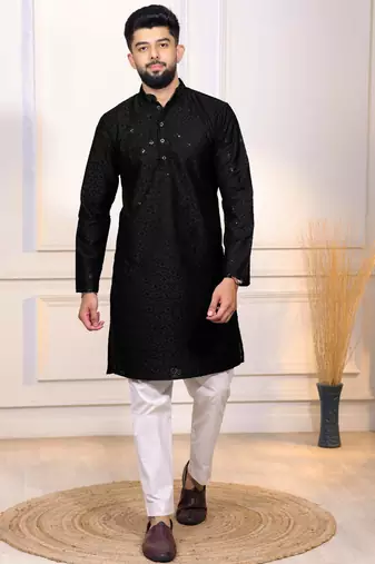 Black color designer embroidery work ceremonial ethnic kurta payjama for men's