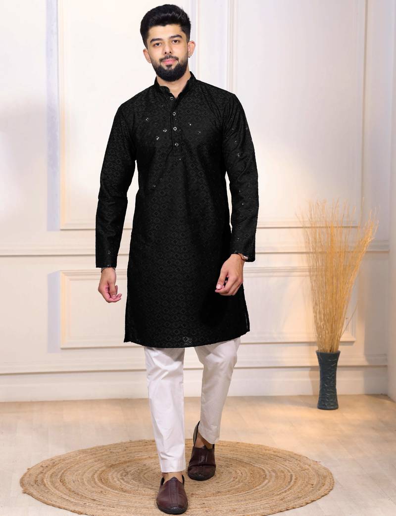 Black color designer embroidery work ceremonial ethnic kurta payjama for men's