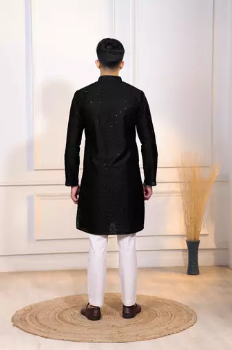 Black color embroidery work ceremonial ethnic kurta payjama for men's