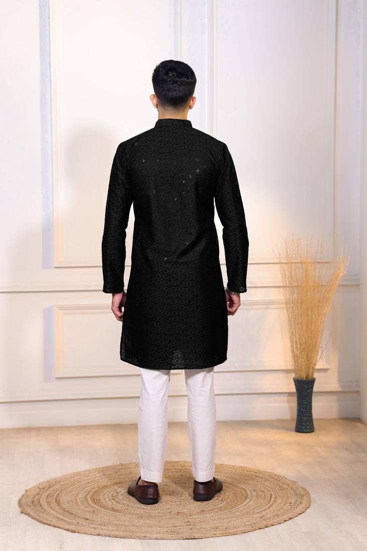 Black color designer embroidery work ceremonial ethnic kurta payjama for men's