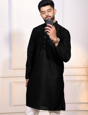 Black color embroidery work ceremonial ethnic kurta payjama for men's 3
