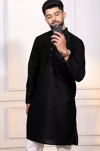 Black color embroidery work ceremonial ethnic kurta payjama for men's