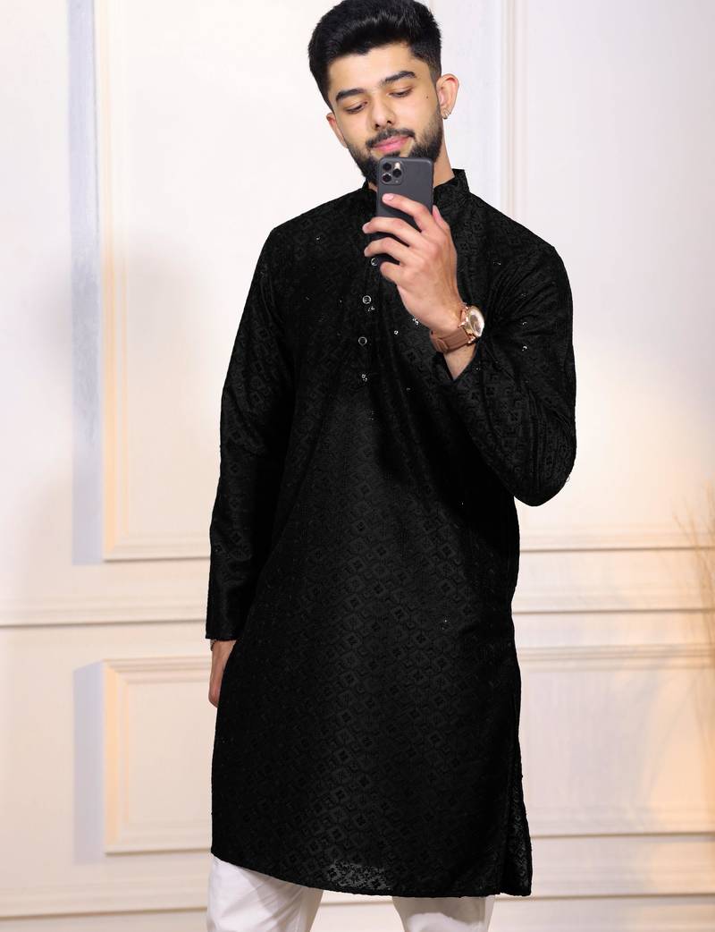 Black color designer embroidery work ceremonial ethnic kurta payjama for men's