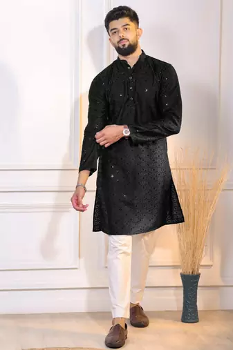 Black color embroidery work ceremonial ethnic kurta payjama for men's
