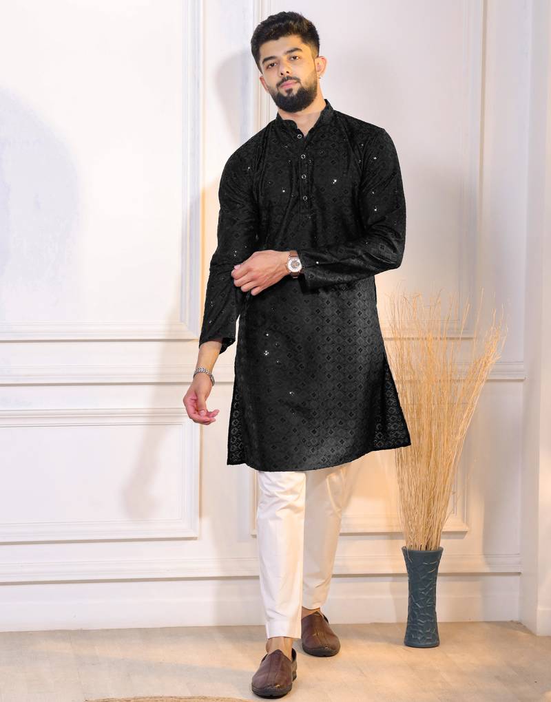 Black color designer embroidery work ceremonial ethnic kurta payjama for men's