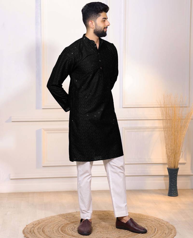 Black color designer embroidery work ceremonial ethnic kurta payjama for men's