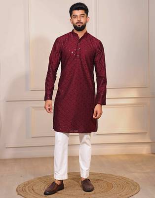 Maroon color embroidery work ceremonial ethnic kurta payjama for men's 1
