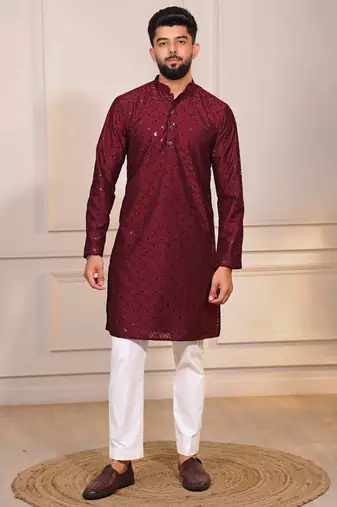 Maroon color designer embroidery work ceremonial ethnic kurta payjama for men's