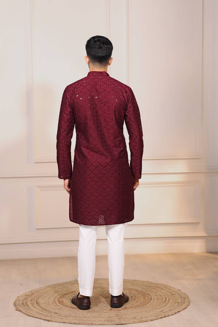 Maroon color designer embroidery work ceremonial ethnic kurta payjama for men's