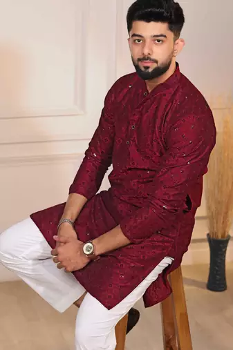 Maroon color embroidery work ceremonial ethnic kurta payjama for men's