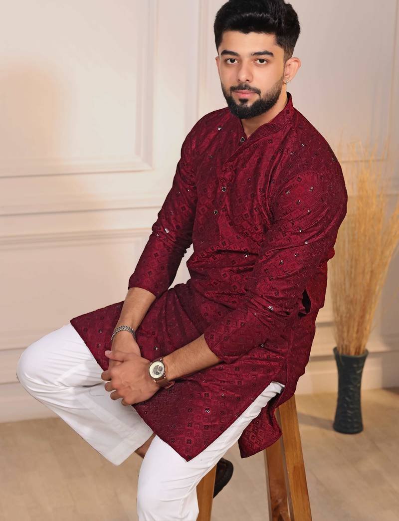 Maroon color designer embroidery work ceremonial ethnic kurta payjama for men's