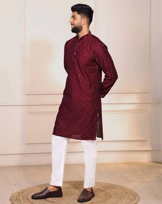 Maroon color embroidery work ceremonial ethnic kurta payjama for men's 4