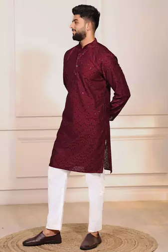 Maroon color embroidery work ceremonial ethnic kurta payjama for men's