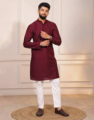 Maroon color embroidery work ceremonial ethnic kurta payjama for men's 5