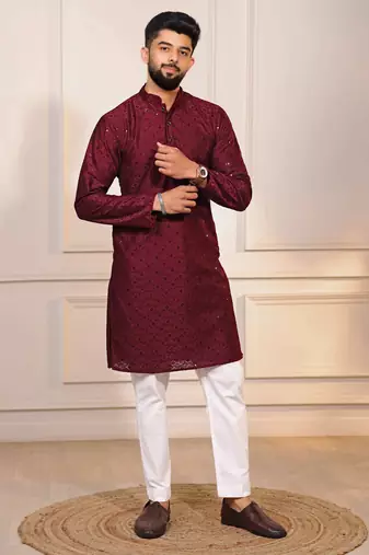 Maroon color embroidery work ceremonial ethnic kurta payjama for men's
