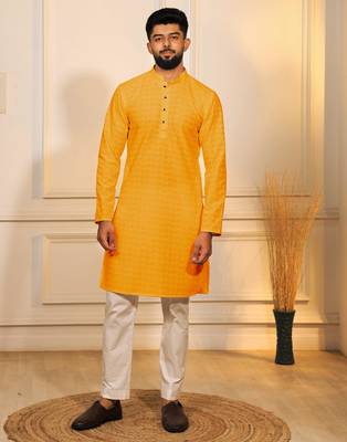 Yellow color embroidery work ceremonial ethnic kurta payjama for men's 1