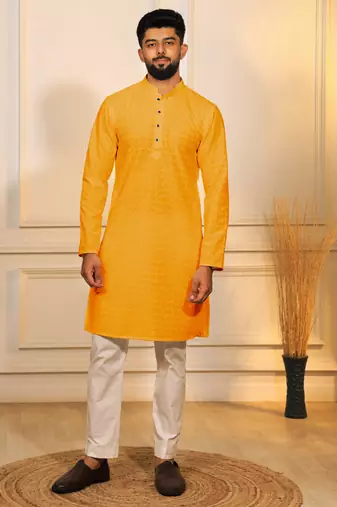 Yellow color designer embroidery work ceremonial ethnic kurta payjama for men's