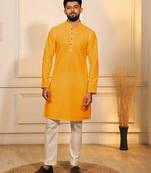 Yellow color embroidery work ceremonial ethnic kurta payjama for men's