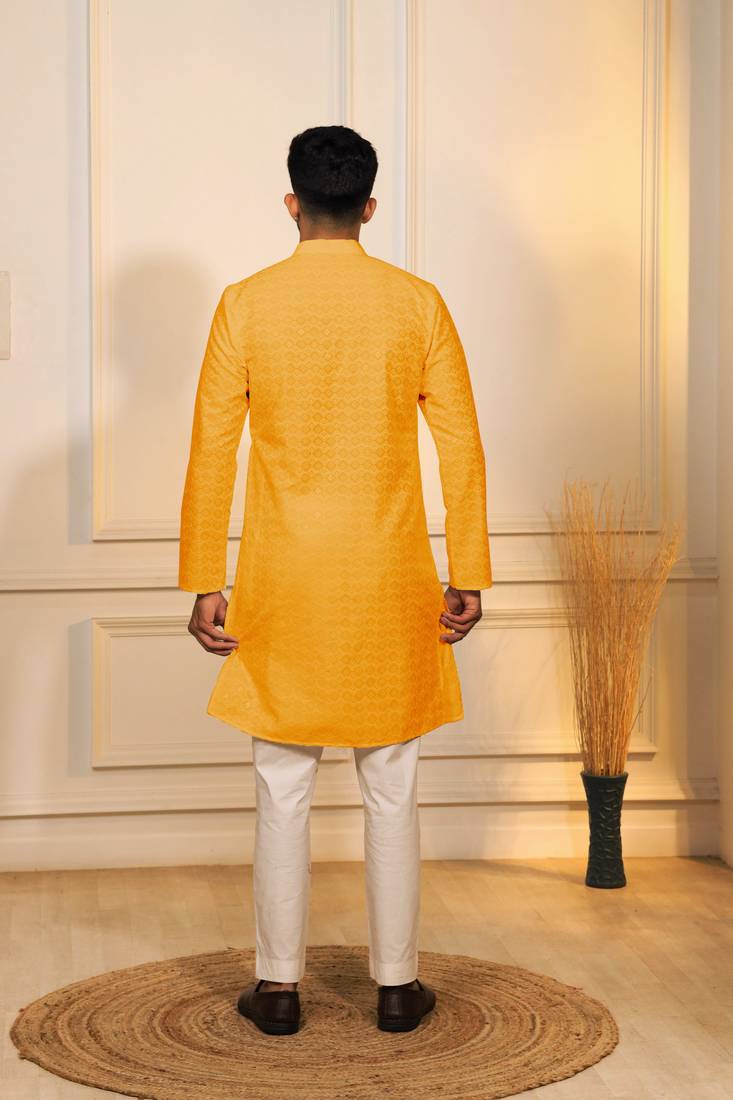 Yellow color designer embroidery work ceremonial ethnic kurta payjama for men's