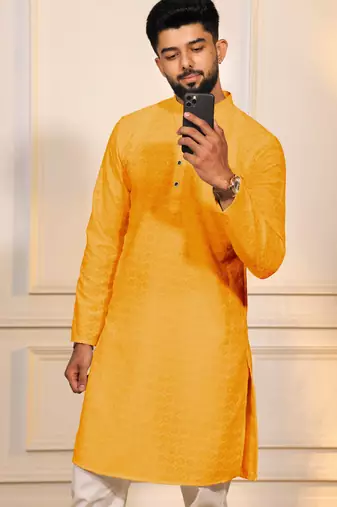 Yellow color embroidery work ceremonial ethnic kurta payjama for men's