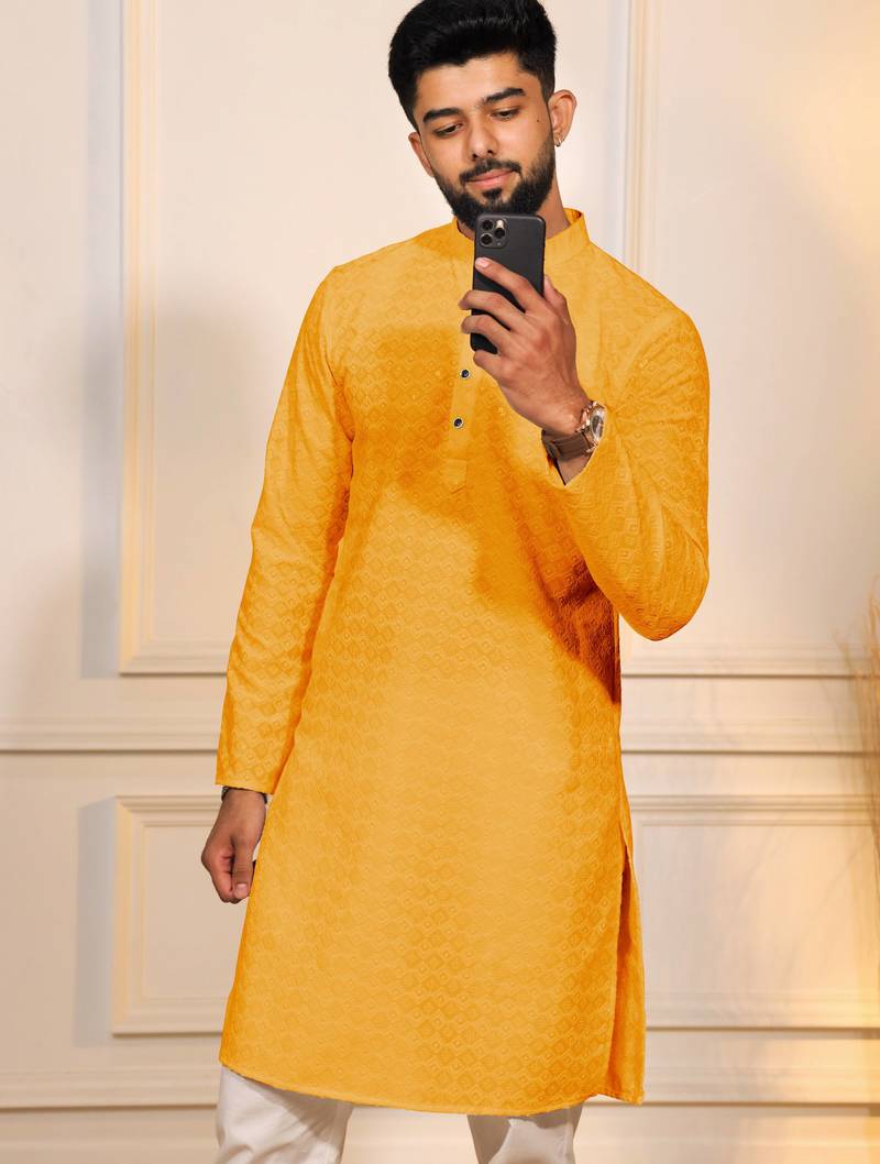 Yellow color designer embroidery work ceremonial ethnic kurta payjama for men's