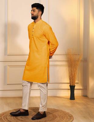 Yellow color embroidery work ceremonial ethnic kurta payjama for men's 4
