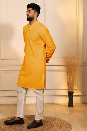 Yellow color embroidery work ceremonial ethnic kurta payjama for men's